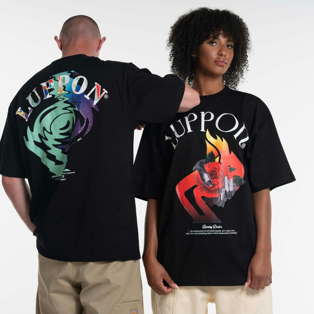 Two models wearing black graphic T-shirts.