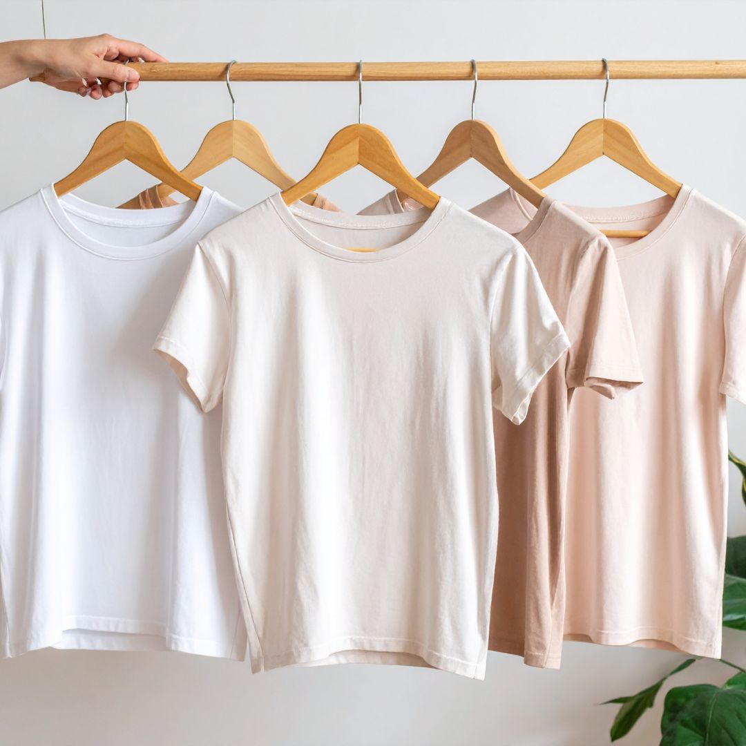 Three neutral T-shirts hanging side by side.