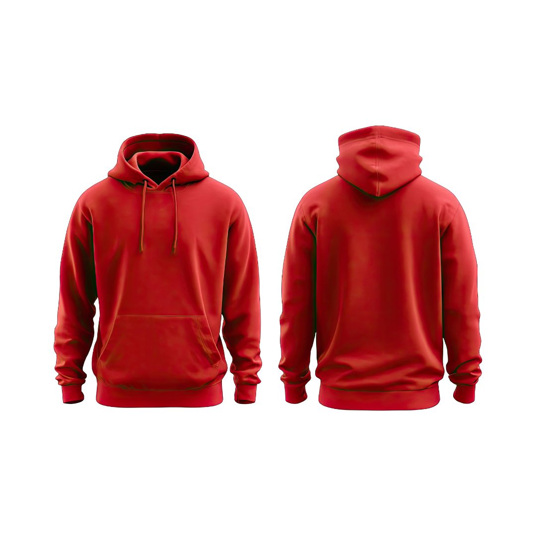 Three red hoodies displayed together.