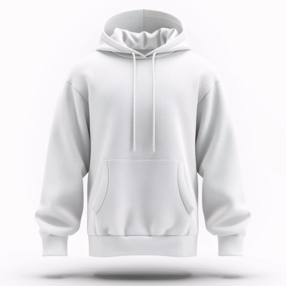 White hoodie displayed on a white background.