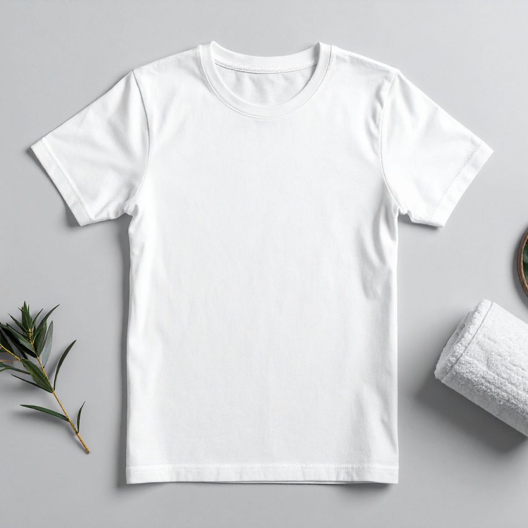 White T-shirt laid flat on a clean studio setup.