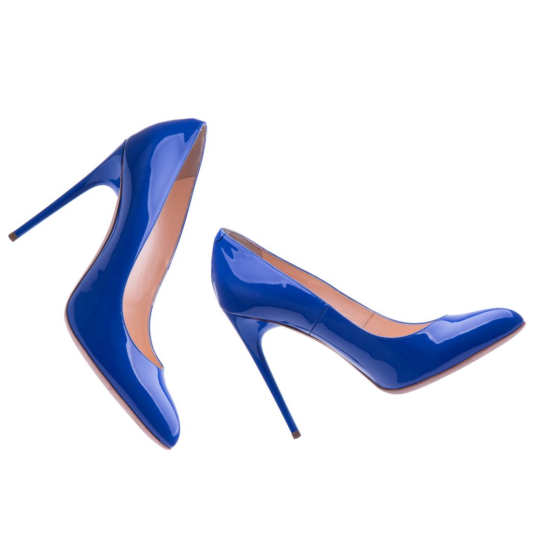 Blue high heels photographed on a white background.
