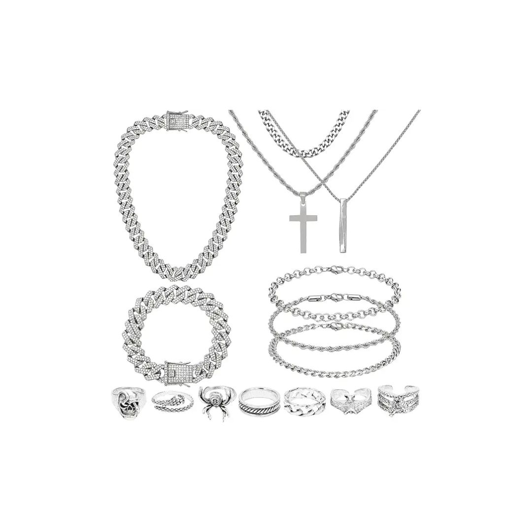 Silver jewelry set including necklace, bracelet, and earrings.