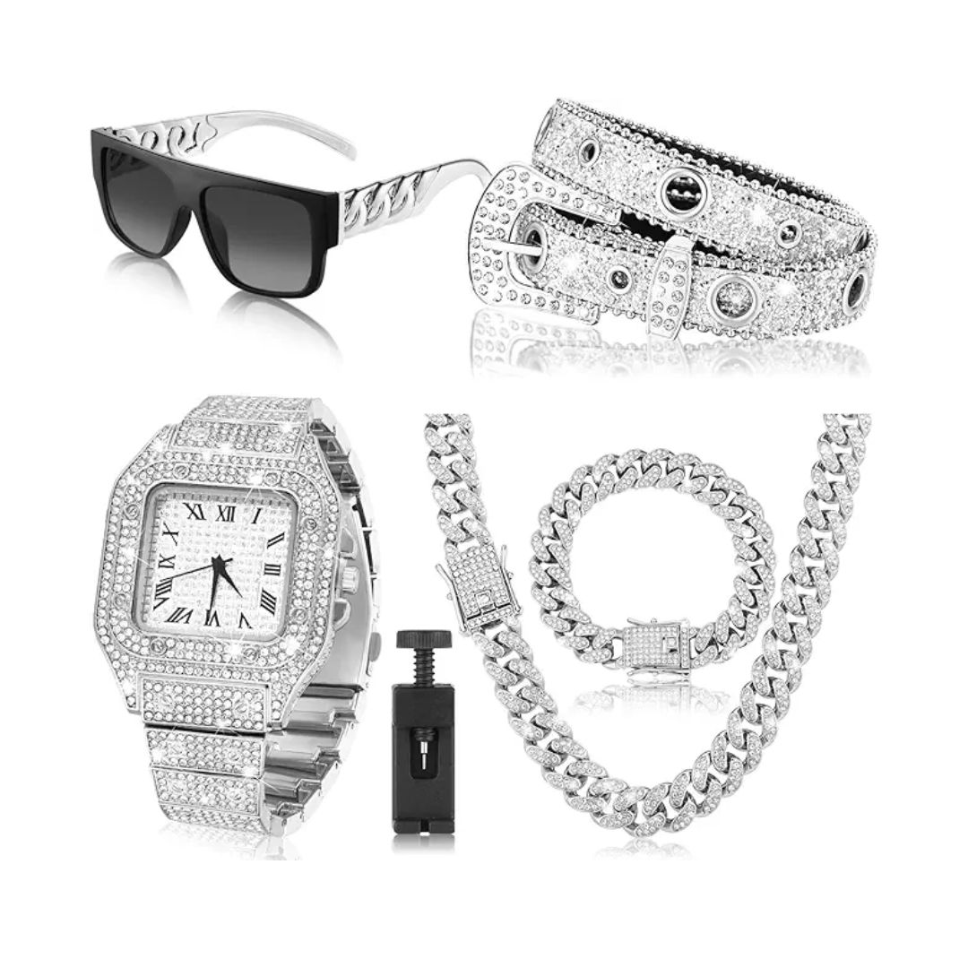 Watch, sunglasses, and jewelry accessories arranged together.